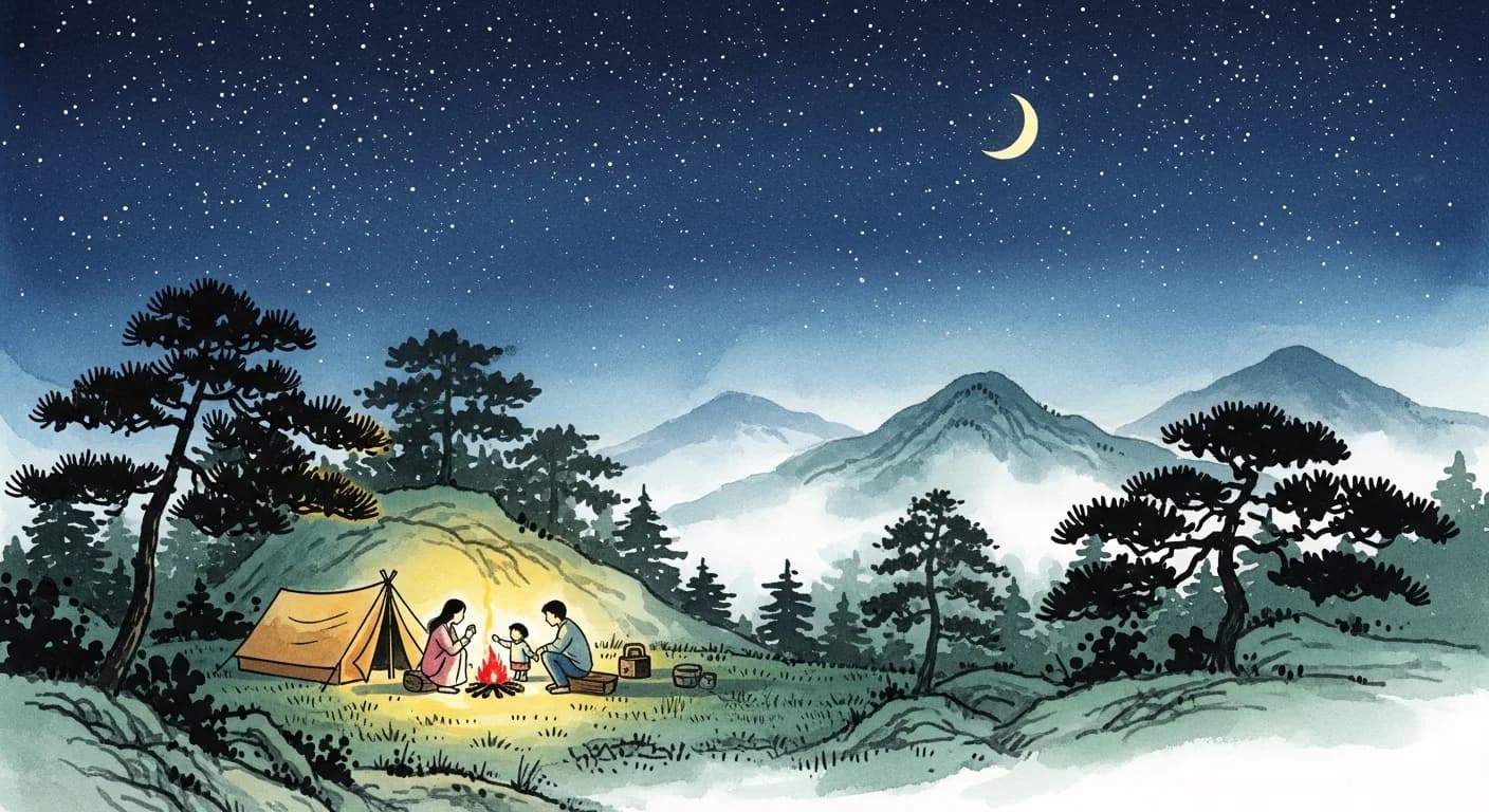 캠핑하는 꿈 해몽: 자유, 유대, 그리고 운기의 신호
